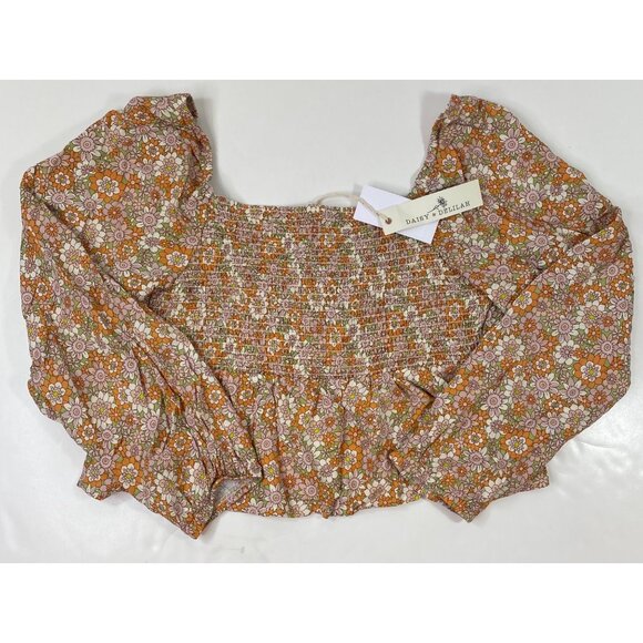 Daisy & Delilah Womens Orange Floral Long-Sleeve Smocked Crop Top Size XL - Picture 2 of 6